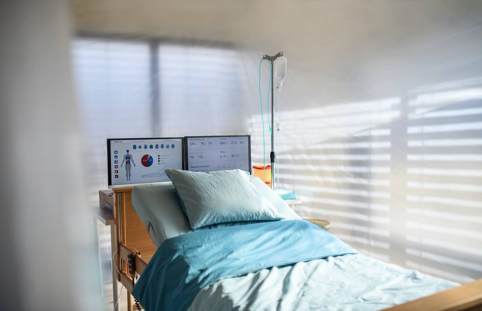 Empty bed in hospital room, coronavirus concept